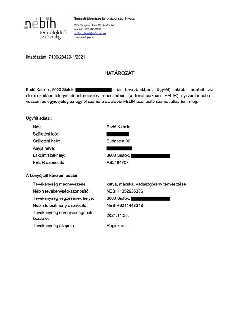 NÉBIH animal breeding registration data sheet – official document FELIR number