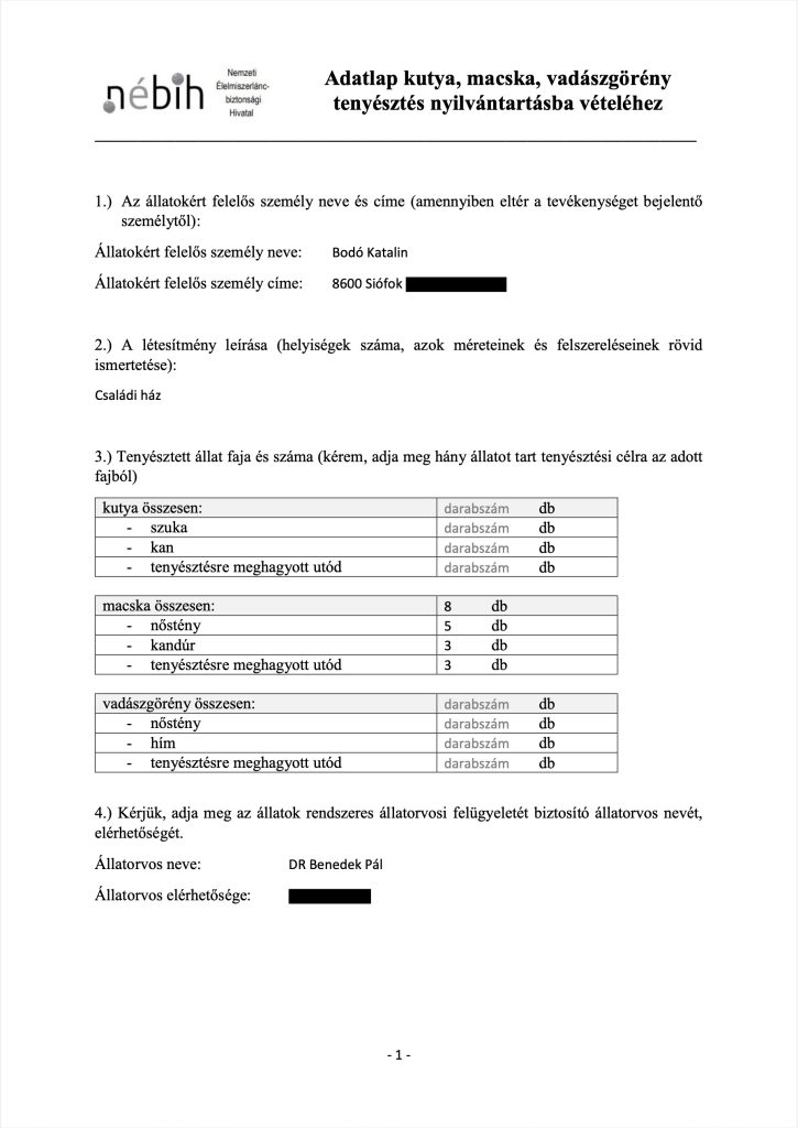 NÉBIH animal breeding registration certificate – official document