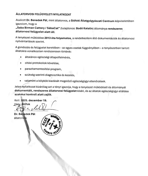 Veterinary supervision statement – Saba Birman Cattery