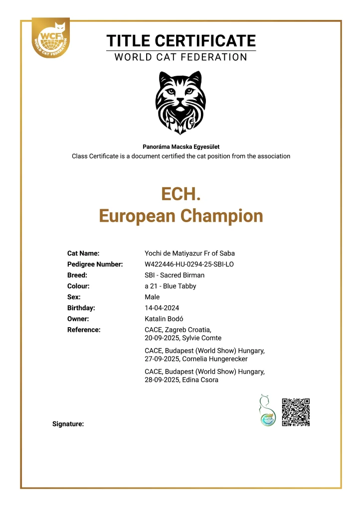 Official WCF Europa Champion title certificate of ECH Yochi de Matiyazur Fr of Saba Birman cat. The document certifies the title earned based on international show results.