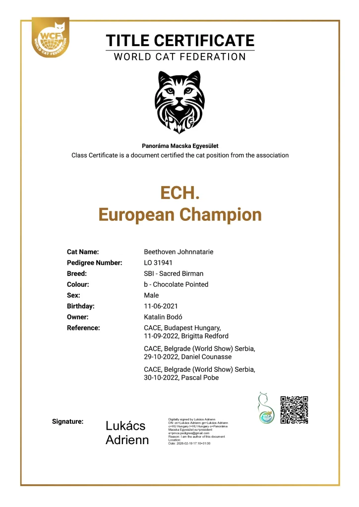 ECH Beethoven Johnnatarie-E of Saba official WCF Europa Champion certificate